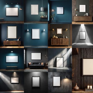 May include: A collection of framed art in various interior settings. The images showcase blank white art in black and gold frames, displayed on walls with different color schemes and decor, including wooden cabinets and sofas.