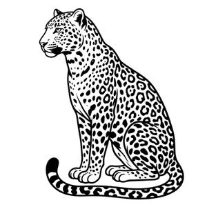 May include: A black and white line art illustration of a leopard sitting in profile. The big cat features a detailed coat pattern of solid black spots and rosettes against a white background, with a long tail extending along the bottom.