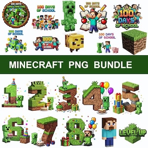 May include: A Minecraft PNG bundle featuring various characters and elements from the game. Includes images of a Creeper, Steve, and numbers 1-8 with Minecraft-themed designs. Also includes text that says "100 Days of School" and "Level Up".