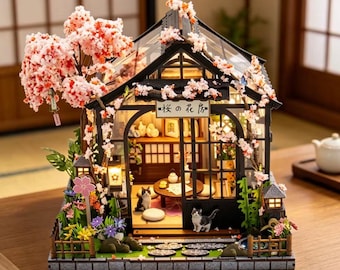 Spring Sakura Greenhouse Book Nook Kit – DIY Japanese Glasshouse Miniature with Cherry Blossom Garden Scene, LED Display Decor Gift