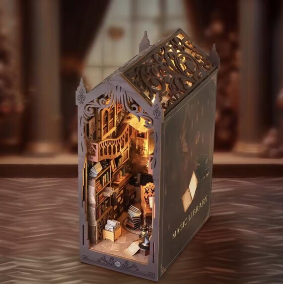 Magic Library Book Nook Kit – DIY Miniature Wizard Bookshelf Scene with LED Lights, Wooden Book Nook Decor