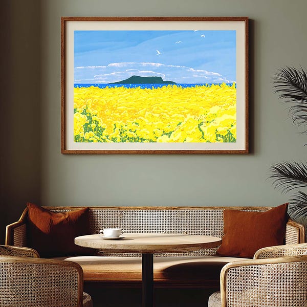 Golden Fields of Jeju | Korean Coastal Poster, Canola Flowers & Seongsan Sunrise Art