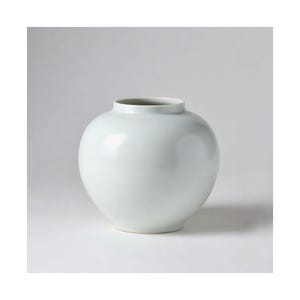 Pode incluir: Um vaso de cerâmica branco com um corpo arredondado e uma abertura estreita. O vaso tem um acabamento liso e brilhante e um design simples e elegante. O vaso tem aproximadamente 25 cm de altura e 25 cm de largura.