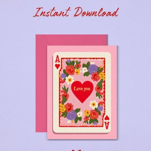Romantyczna kartka z asem kier z odwrotną stroną, prezent walentynkowy do druku, wersja cyfrowa do pobrania