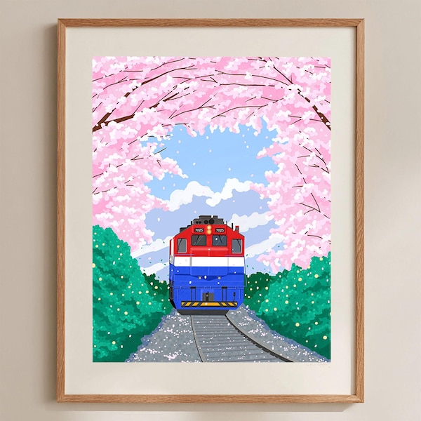 Korean Train Cherry Blossom Print: Spring Landscape Wall Art