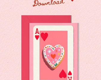 Impresión del As de Corazones: Tarjeta rosa retro "Suerte" (Descarga digital)