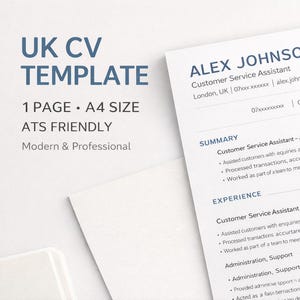 UK CV Template, 1 Page modern professional British cv, A4 ATS Friendly, Word and Pdf
