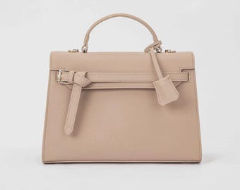 Bolso de piel saffiano con asa superior / Elegante bolso bandolera / Herrajes dorados