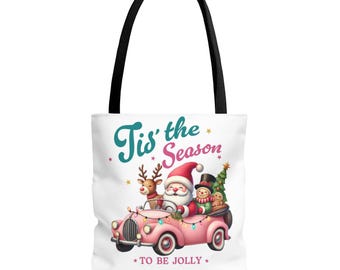 Tis the Season Santa & Friends Christmas Tote Bag | Holiday Vintage Car Design