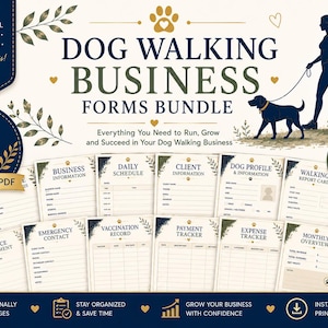 Puede incluir: Un paquete de 25 páginas PDF imprimibles para un negocio de paseo de perros. El documento presenta un fondo crema con texto azul marino, detalles dorados e ilustraciones botánicas, incluyendo formularios para gestión empresarial.