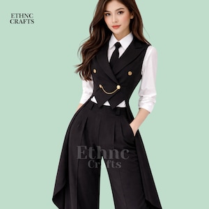 Op de afbeelding: Zwart vest met gouden knopen en een gouden kettingdetail, gecombineerd met een zwarte broek met hoge taille. De outfit bevat een wit overhemd met kraag en een zwarte stropdas. De tekst "ETHNC CRAFTS" is linksboven en in het midden onderaan zichtbaar.