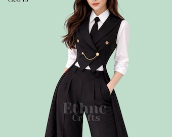 Women Black Tailcoat Suit Set, Formal Vest and Wide Leg Pants, Gothic Victorian Inspired Outfit, Elegant Office Suit, Custom Made Tuxedo