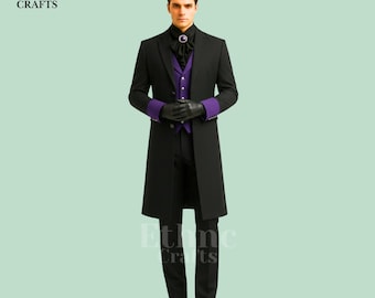 Black Purple Victorian Gothic Suit | Handmade Vampire Tailcoat | Men’s Steampunk Long Coat | Gothic Formal Cosplay Outfit  Vintage Tail Suit