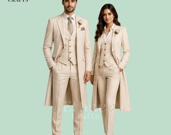 Couple Matching Wedding Suits, Beige Mens and Womens Formalwear, Elegant Bride Groom Reception Outfit