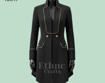 Damen Schwarzer Viktorianischer Militär Tailcoat Mantel Gothic Steampunk Lange Jacke Edwardian Korsett Back Coat Formelle Gothic Gehrock