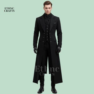 May include: A black, long coat with a matching vest and trousers. The coat has a double-breasted design and a long, flowing silhouette. The outfit includes a black bow tie and gloves. The brand name "ETHNC CRAFTS" is visible in the image.