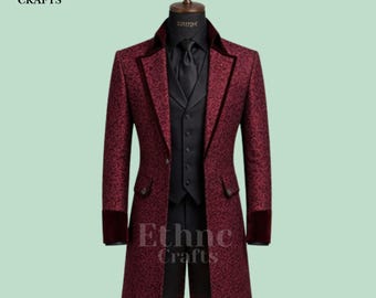 Mens Burgundy Victorian Gothic Brocade Tailcoat Jacket Formal Steampunk Wedding Coat Luxury Gothic Evening Long Blazer