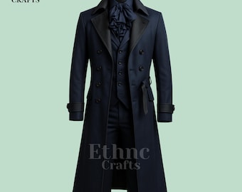 Marineblauwe vampiergotische jas | Blauwe Victoriaanse Slipjas Heren | Gepersonaliseerd steampunkjack | Handgemaakte cosplayjas | Donkerblauwe vintage modekleding