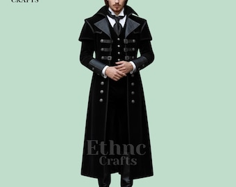 Black Velvet Gothic Men’s Long Coat | Victorian Steampunk Tailcoat | Custom Handmade Vampire Jacket | Regency Gothic Suit | Cosplay Costume