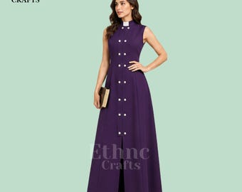 Elegant Womens Clergy Maxi Dress with Clerical Collar, Purple Religious Church Dress for Pastors and Ministry Wear Women formal Outfit