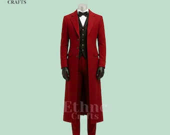 Men’s Gothic Victorian Red Tailcoat Suit | Handmade Vampire Coat | Red Steampunk Long Jacket | Formal Vintage Tail Suit | Victorian Outfit