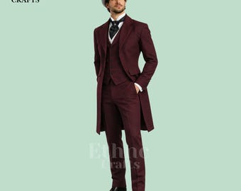 Burgundy Victorian Tailcoat Suit, Gothic Wedding Groom Suit, Vintage Three Piece Formal Suit,Edwardian Long Coat Outfit, Custom Tailcoat Set