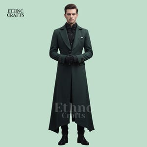 May include: A dark green long coat with a tailored fit, featuring a notched lapel and button closure. The coat has a unique asymmetrical hemline and is paired with black gloves and boots. The text "ETHNC CRAFTS" is visible in the upper left and lower center.
