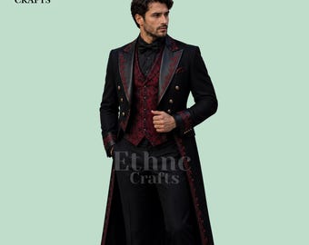 Black Red Gothic Suit Men, Victorian Tailcoat Tuxedo, Custom Wedding Suit, Gothic Formal Wear, Vampire Prince Coat