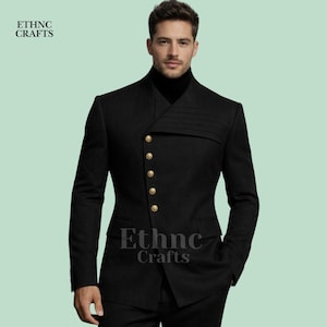 May include: A black suit jacket with gold buttons and an unusual asymmetrical design. The jacket has a high collar and pleating detail on the upper chest. The brand name "Ethnc Crafts" is printed on the jacket.