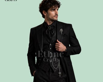 Mens Black Gothic Tailcoat Suit 3 Piece Formal Tuxedo Set, Victorian Wedding Suit, Aristocrat Outfit, Groom Suit, Regency Formalwear