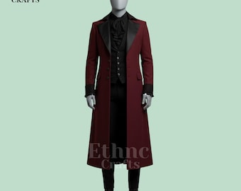 Victoriaanse slipjas bordeauxrood | Wijnrode gotische lange jas voor heren | Rood handgemaakt steampunkjack | Aangepaste cosplay-outfit | Vintage vampierjas
