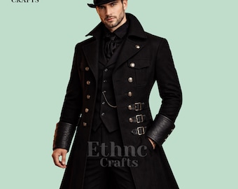 Men’s Gothic Victorian Coat | Steampunk Military Long Jacket | Vampire Gothic Overcoat | Edwardian Tailcoat | Handmade Custom Black Coat