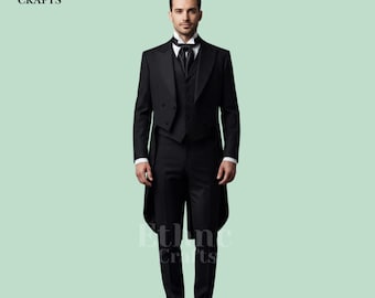 May include: A formal black tuxedo with a tailcoat, vest, and trousers. The tuxedo includes a white dress shirt, black bow tie, and black shoes. The image has the text "ETHNC CRAFTS" in the upper left and lower center.