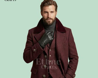 Mens Burgundy Overcoat Suit 3 Piece Suit Long Coat Wedding Groom Suit Vintage Formal Suit Custom Made