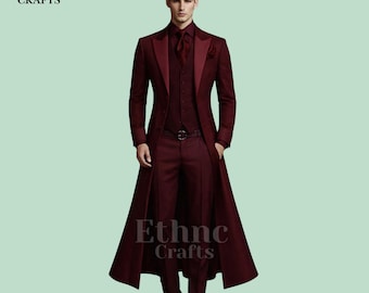May include: A burgundy three-piece suit with a long coat. The suit includes a collared shirt, vest, and pants. The coat extends to the ankles. The suit is accessorized with a matching tie and a belt. The text "ETHNC CRAFTS" is visible.
