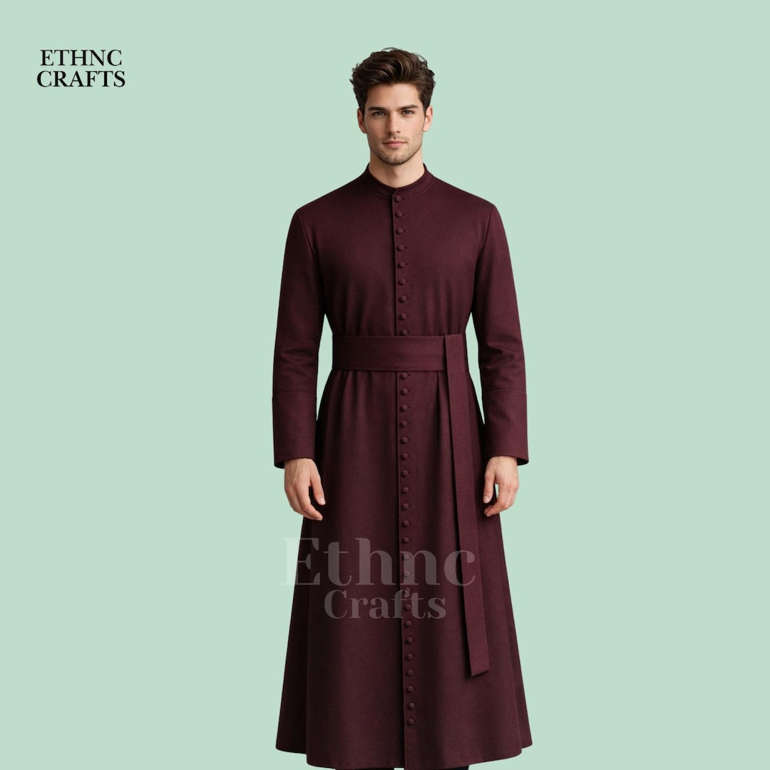 Mens Burgundy Cassock Priest Robe Clergy Long Coat Church Cassock ...