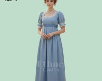 Blue Regency Dress Empire Waist |  Vintage Victorian Maxi Dress | Gothic Cottagecore Historical Dress