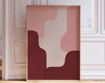 Stampa artistica astratta da parete color bordeaux e rosa, poster giapponese con forme organiche e texture, grande decorazione stampabile color rosa cipria, download digitale