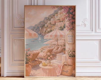 Stampa della spiaggia della Costiera Amalfitana, decorazione murale costiera italiana, arredamento mediterraneo rosa, poster del Beach Club Amalfi, stampa artistica da parete, download digitale