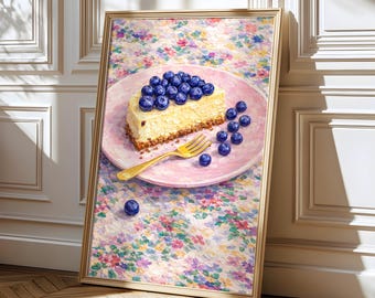 Decorazione murale per la cucina con cheesecake ai mirtilli, poster a tema cibo, arredamento cottagecore pastello, decorazione murale per dessert, stampa per la cucina
