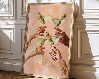 Stampa artistica da parete a tema Martini, stampa di cocktail, decorazione per serata tra ragazze, arte per carrello bar, poster di bevande alla moda