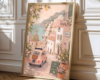 Stampa artistica da parete della Costiera Amalfitana, poster di strada italiana, decorazione mediterranea rosa, stampa di Amalfi, Italia, arte costiera femminile, download digitale