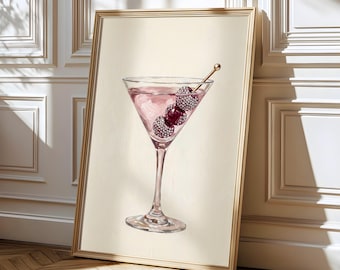 Stampa artistica da parete a tema Martini, poster del Martini alla ciliegia, decorazione murale per cocktail, arredamento per cucina e bar, insegna per cocktail d'autore, download digitale
