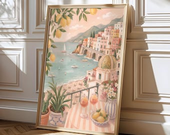 Stampa artistica da parete della Costiera Amalfitana, decorazione Aperol Spritz, arte estiva italiana, stampa costiera mediterranea, download digitale Dopamine Decor