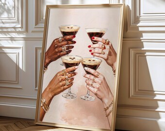 Stampa artistica da parete con motivo Espresso Martini, stampa di cocktail, regalo per serata tra ragazze, decorazione per addio al nubilato, decorazione per carrello bar, download digitale