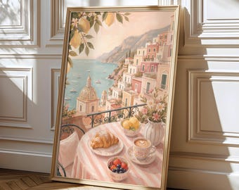 Stampa artistica da parete Costiera Amalfitana, decorazione costiera italiana, decorazione Dopamine, poster mediterraneo, parete galleria estiva rosa, download digitale