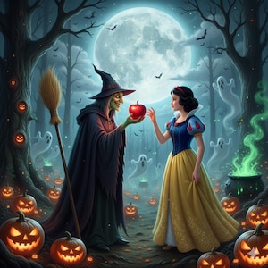 Può includere: Un'illustrazione digitale di una scena di Halloween con Biancaneve e una strega. La strega offre una mela rossa a Biancaneve. Lanterne di zucca e fantasmi sono sparsi nella foresta, sotto la luna piena.