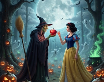 Clipart de Halloween de Blancanieves y la bruja: Paquete de 20 PNG de fiesta espeluznante