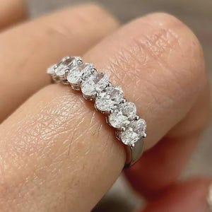 Oval Lab Grown Diamond Eternity Band, 14K Gold Seven Stone Half Eternity Wedding Ring