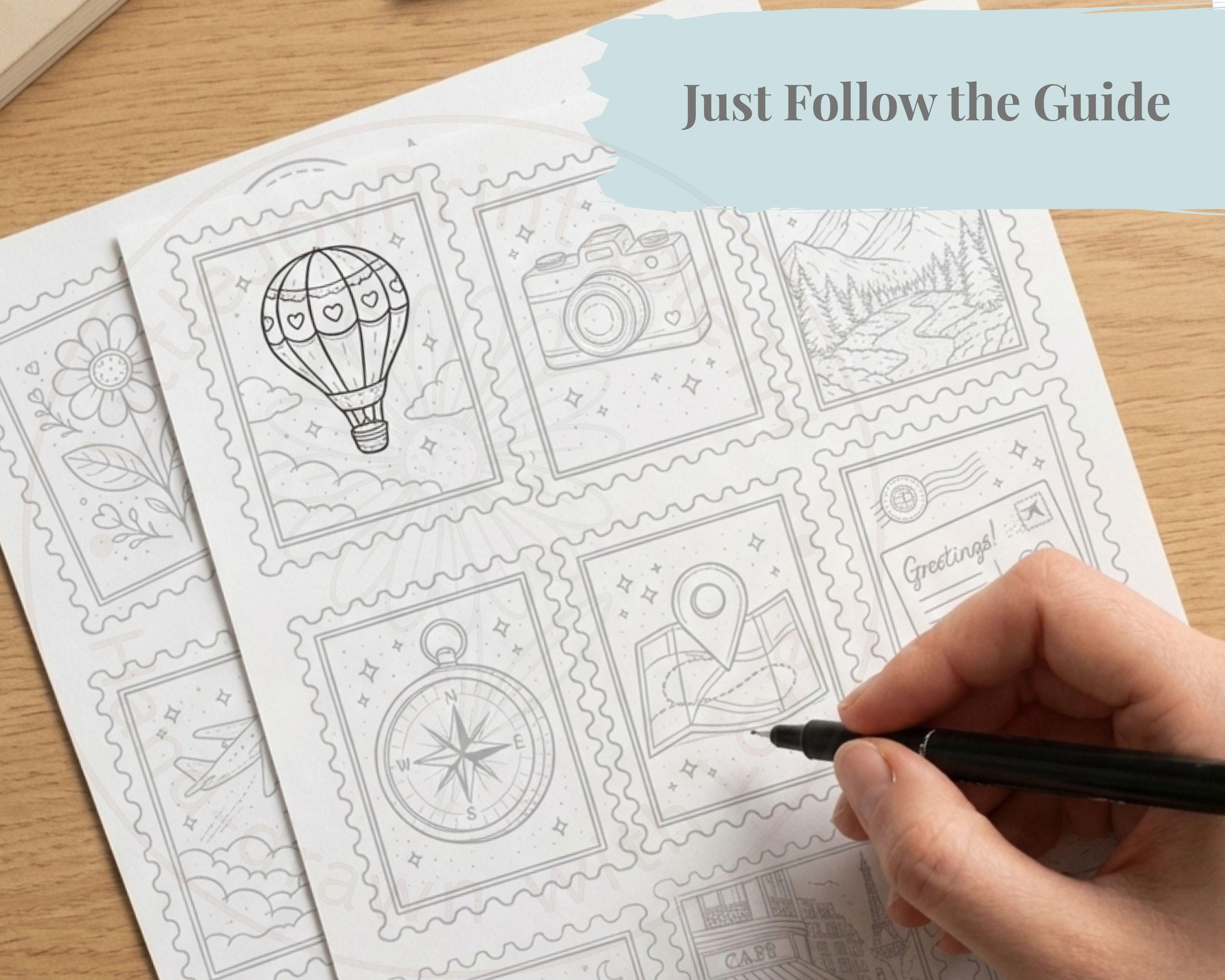 Vintage Stamp Trace &amp; Draw Worksheet | Cozy Beginner Doodle Art (PDF Set) - Etsy Australia
